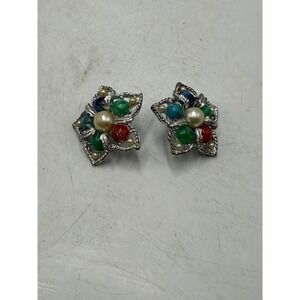 Sarah Coventry Vintage Multicolor Faux Pearl Cabochon Star Clip On Earrings